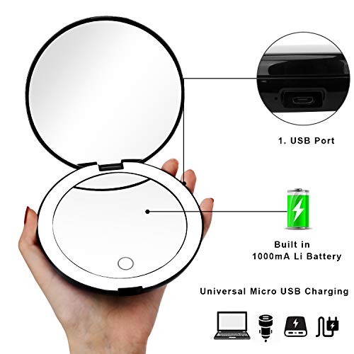 DeWEISN Espejo para Maquillarse, Recargable Compacto Espejo de Viaje - Luz Diurna LED, Portátil Espejo de Aumento 1X / 10X Doble Cara Espejo Plegable