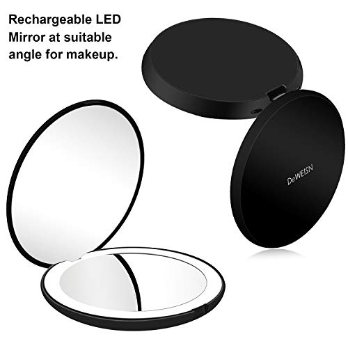 DeWEISN Espejo para Maquillarse, Recargable Compacto Espejo de Viaje - Luz Diurna LED, Portátil Espejo de Aumento 1X / 10X Doble Cara Espejo Plegable