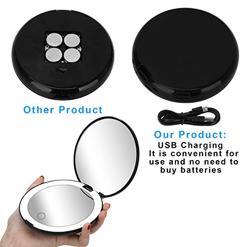DeWEISN Espejo para Maquillarse, Recargable Compacto Espejo de Viaje - Luz Diurna LED, Portátil Espejo de Aumento 1X / 10X Doble Cara Espejo Plegable