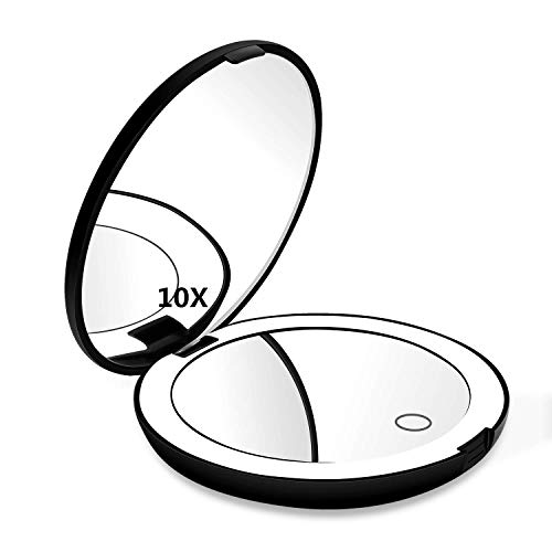 DeWEISN Espejo para Maquillarse, Recargable Compacto Espejo de Viaje - Luz Diurna LED, Portátil Espejo de Aumento 1X / 10X Doble Cara Espejo Plegable