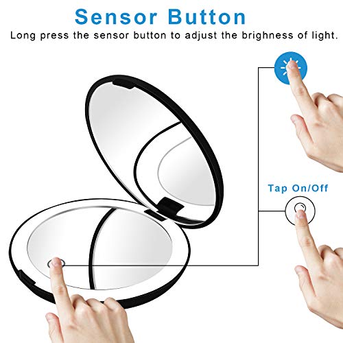 DeWEISN Espejo para Maquillarse, Recargable Compacto Espejo de Viaje - Luz Diurna LED, Portátil Espejo de Aumento 1X / 10X Doble Cara Espejo Plegable