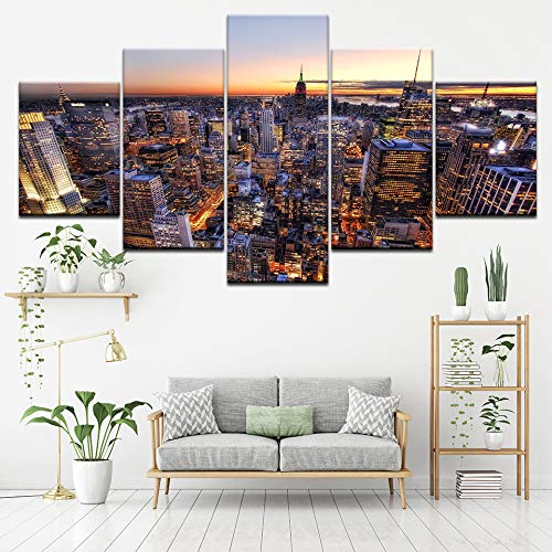 DGGDVP Lienzo Arte de la Pared Imágenes Cocina Restaurante Decoración 5 Piezas Puesta de Sol Paisaje Urbano Manhattan Bridge River HD Impresos Carteles Tamaño 2 Sin Marco