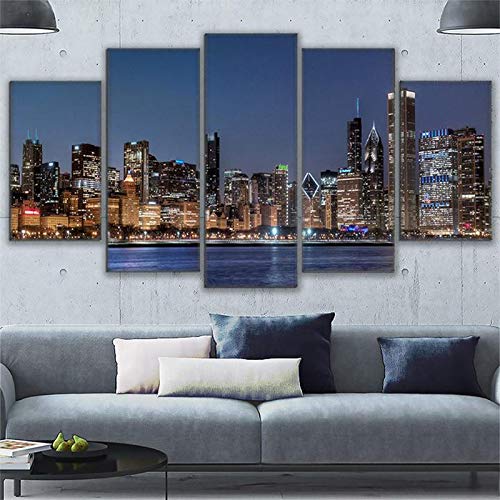 DGGDVP Lienzo Arte de la Pared Imágenes HD Impresiones Decoración de la Sala de Estar 5 Piezas Chicago River Paisaje Urbano Pinturas   City Nightscape Poster Size 2 with Frame