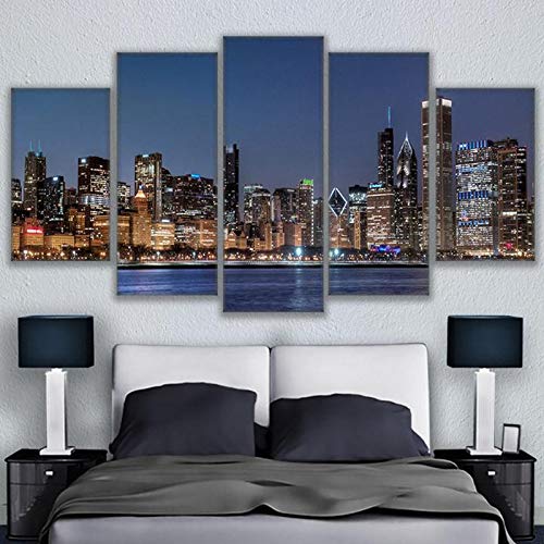 DGGDVP Lienzo Arte de la Pared Imágenes HD Impresiones Decoración de la Sala de Estar 5 Piezas Chicago River Paisaje Urbano Pinturas   City Nightscape Poster Size 2 with Frame