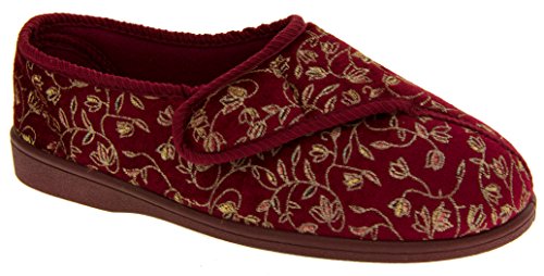 DIABÉTICO ORTOPÉDICOS PARA MUJER ANCHO GRANDE COMPLETAMENTE LAVABLE ZAPATO DE TIRA CON VELCRO PANTUFLAS - Burdeos, 38 (UK 5)