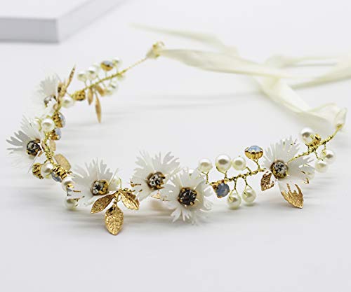 Diadema de Novia de Flores Guirnaldas Corona Nupcial Cristal Perla de Pelo con Cinta Hecha a Mano Tocado Joyería Accesorio para el Cabello de Novia Mujer Dama de honor