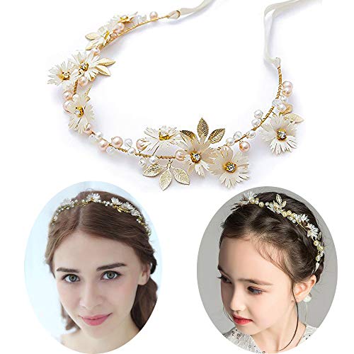 Diadema de Novia de Flores Guirnaldas Corona Nupcial Cristal Perla de Pelo con Cinta Hecha a Mano Tocado Joyería Accesorio para el Cabello de Novia Mujer Dama de honor