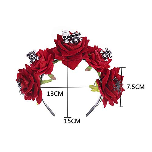 Diadema floral de Halloween con corona de rosas y diseño de calavera con diseño de flores, tocado para el pelo, tocado para disfraz de Halloween, accesorio para cosplay, festivales de fantasía
