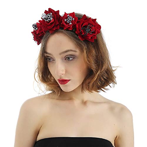 Diadema floral de Halloween con corona de rosas y diseño de calavera con diseño de flores, tocado para el pelo, tocado para disfraz de Halloween, accesorio para cosplay, festivales de fantasía