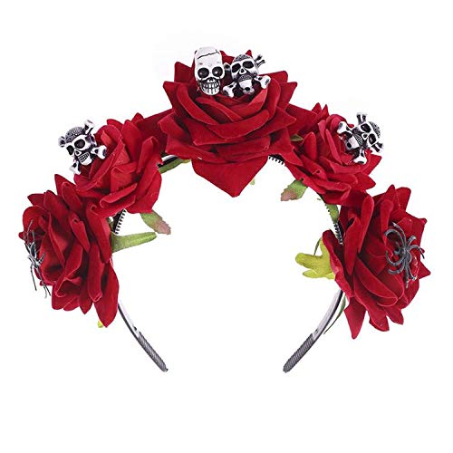 Diadema floral de Halloween con corona de rosas y diseño de calavera con diseño de flores, tocado para el pelo, tocado para disfraz de Halloween, accesorio para cosplay, festivales de fantasía