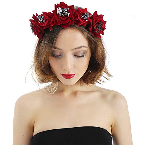 Diadema floral de Halloween con corona de rosas y diseño de calavera con diseño de flores, tocado para el pelo, tocado para disfraz de Halloween, accesorio para cosplay, festivales de fantasía
