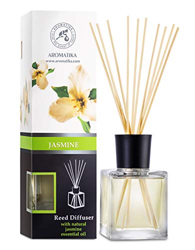 Difusor Aromas de Jazmíne 200ml - Aroma Fresco y Largo - con 8 palitos de bambú - 0% Alcohol - Puro Aceite Jasmine para Cuartos - Hogares - Oficinas - Restaurantes - Aromaterapia