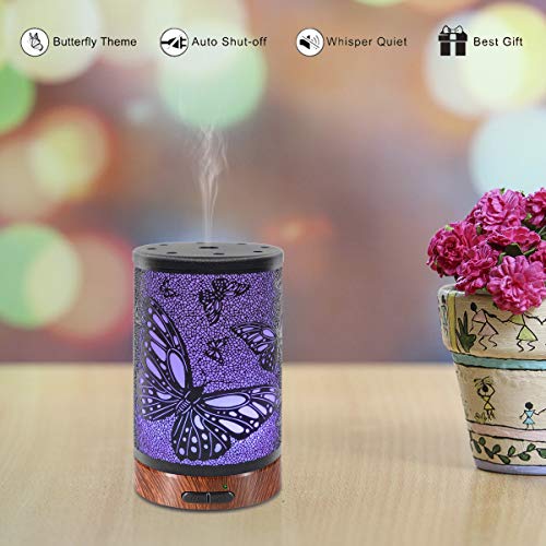 Difusor de Aceites Esenciales, Difusor de Aromas, Ultrasónico Aromaterapia Humidificador, Automáticamente Apaga Cuando sin Agua, 100ml (Mariposa）