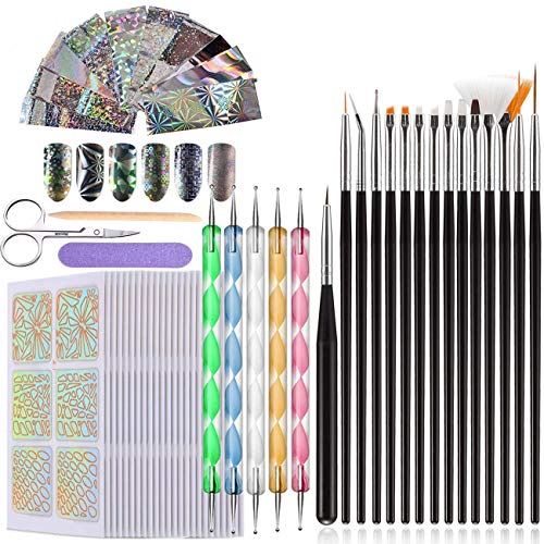 Diseños de Vinilos de Uñas Set, Aikvigss 24 hojas de plantillas de vinilo para uñas, 15pcs Pinceles para Uñas, 5pcs Lápiz de Punto para Uñas, 10pcs Nail Foil Transfer