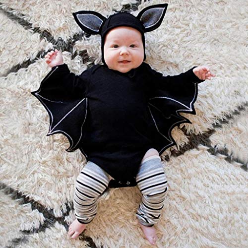 Disfraz Halloween Niña Niño Bebe Fossen Recién Nacido Bebé Monos de Manga murciélago Tops con Sombrero de Oreja (6 Meses, Negro)