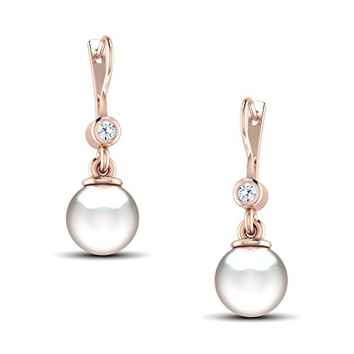 Dishis - Pendientes de perlas para mujer de 0,06 quilates (color IJ, claridad I1-I2) en oro rosa de 14 quilates con caja de regalo