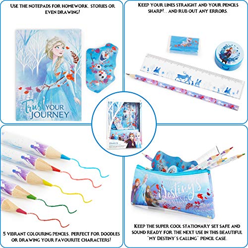 Disney Frozen 2 Set Papelería para Niñas, Material Escolar Anna y Elsa, Incluye Cuaderno A4, Bloc Notas, Estuche Escolar Niña, Lápices de Colores, Regla, Goma Sacapuntas, Regalo para Niños