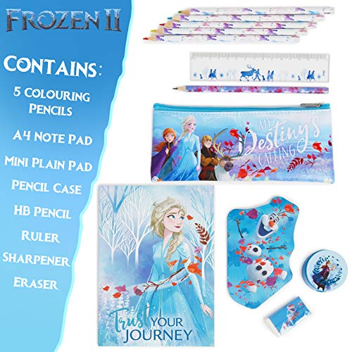 Disney Frozen 2 Set Papelería para Niñas, Material Escolar Anna y Elsa, Incluye Cuaderno A4, Bloc Notas, Estuche Escolar Niña, Lápices de Colores, Regla, Goma Sacapuntas, Regalo para Niños