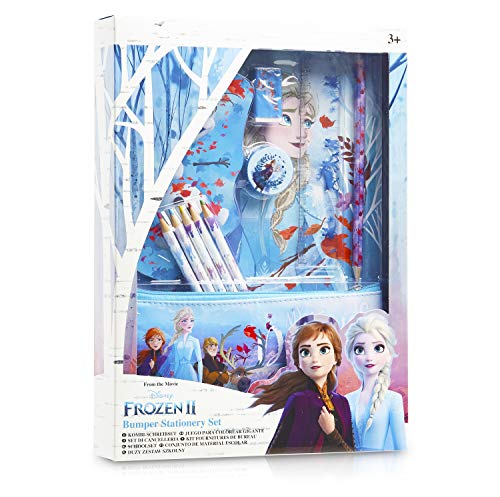 Disney Frozen 2 Set Papelería para Niñas, Material Escolar Anna y Elsa, Incluye Cuaderno A4, Bloc Notas, Estuche Escolar Niña, Lápices de Colores, Regla, Goma Sacapuntas, Regalo para Niños