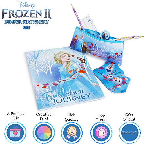 Disney Frozen 2 Set Papelería para Niñas, Material Escolar Anna y Elsa, Incluye Cuaderno A4, Bloc Notas, Estuche Escolar Niña, Lápices de Colores, Regla, Goma Sacapuntas, Regalo para Niños