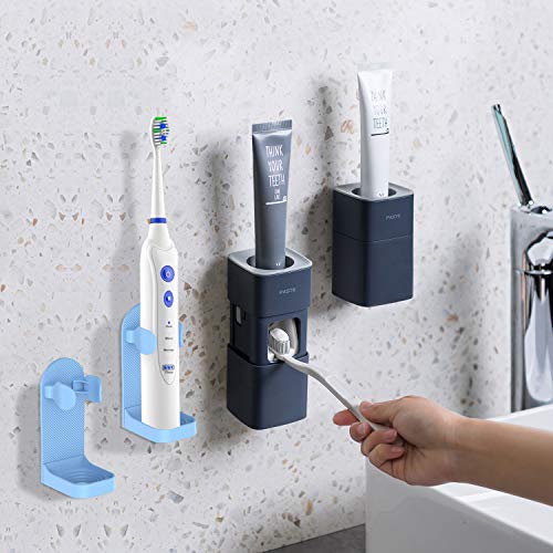 Dispensador de pasta de dientes automático montado en la pared viene con 2 soportes de cepillo de dientes eléctricos, para baño Exprimidor automático de pasta de dientes a prueba de polvo(Azul Oscuro)