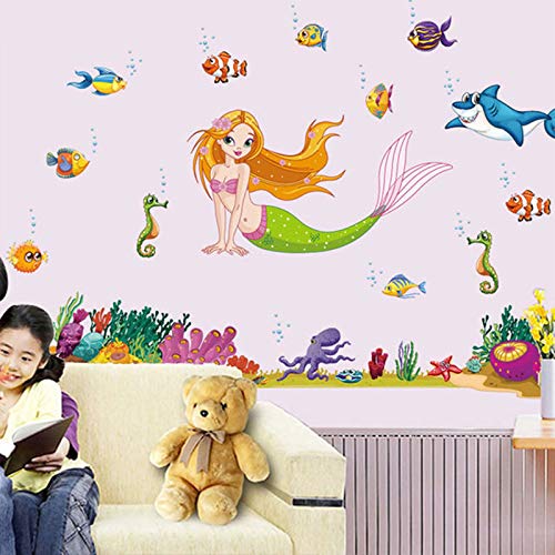 DIY Murales adhesivos y pegatinas de pared Póster,Dibujos animados de fondos marinos sirena habitación de bebé jardín de infantes parque de atracciones corredor escalera decoración 140x95cm