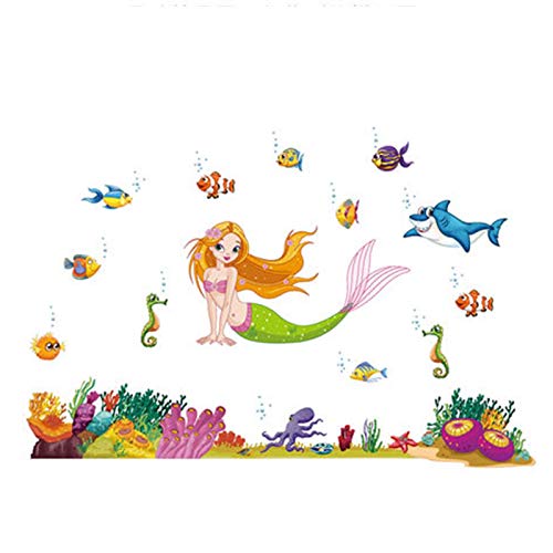 DIY Murales adhesivos y pegatinas de pared Póster,Dibujos animados de fondos marinos sirena habitación de bebé jardín de infantes parque de atracciones corredor escalera decoración 140x95cm