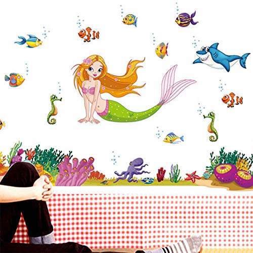 DIY Murales adhesivos y pegatinas de pared Póster,Dibujos animados de fondos marinos sirena habitación de bebé jardín de infantes parque de atracciones corredor escalera decoración 140x95cm