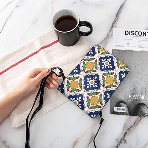 DJNGN Monedero para teléfono Celular, azulejo de Talavera Mexicana, Bandolera pequeña de Doble Cara, Mini Bolso para teléfono Celular, Monedero para Pasaporte con Correa de Hombro Ajustable