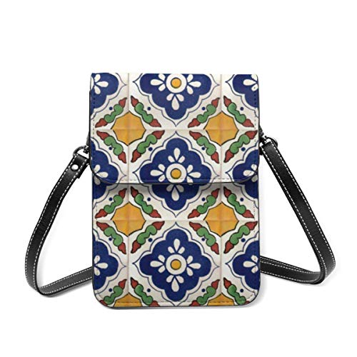 DJNGN Monedero para teléfono Celular, azulejo de Talavera Mexicana, Bandolera pequeña de Doble Cara, Mini Bolso para teléfono Celular, Monedero para Pasaporte con Correa de Hombro Ajustable