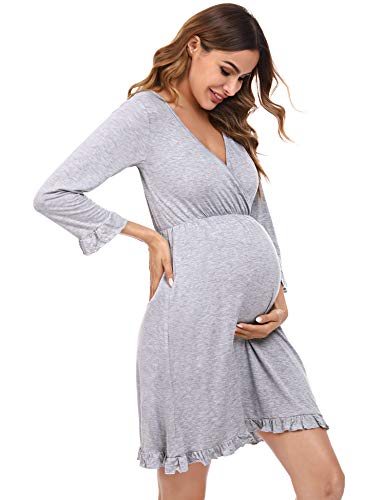 Doaraha Camisón Lactancia para Mujer Vestido Premamá con Volantes Pijama de Maternidad Camisones de Algodón de Manga 3/4 Ropa de Dormir con Cuello en V (Gris, L)
