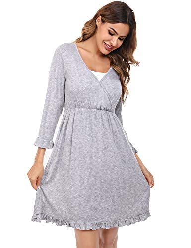 Doaraha Camisón Lactancia para Mujer Vestido Premamá con Volantes Pijama de Maternidad Camisones de Algodón de Manga 3/4 Ropa de Dormir con Cuello en V (Gris, L)