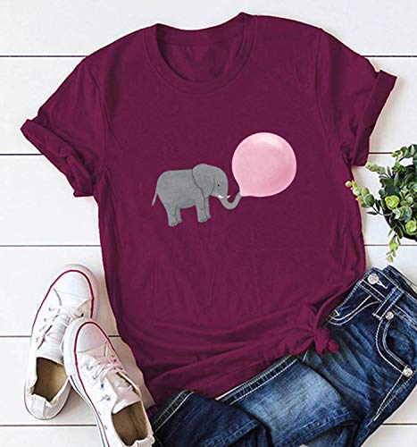 Doballa - Camiseta de manga corta para mujer, diseño de elefante, diseño de burbujas Rojo rojo vino XL