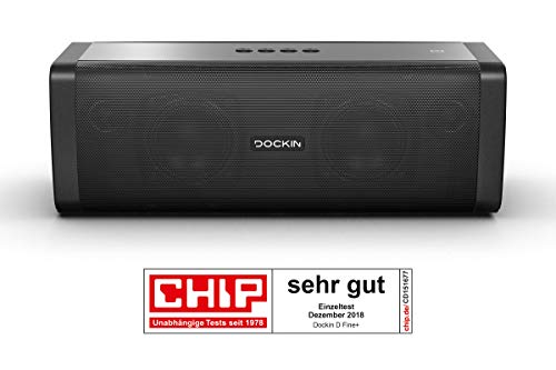 DOCKIN D Fine+ 50W Altavoz Portátil Inalámbrico, Impermeable IP55, Bluetooth 4.2 + EDR, hasta 14 Horas de Reproducción, Sonido de Alta Fidelidad y Estéreo, Powerbank, NFC, Negro, Diseñado en Alemania