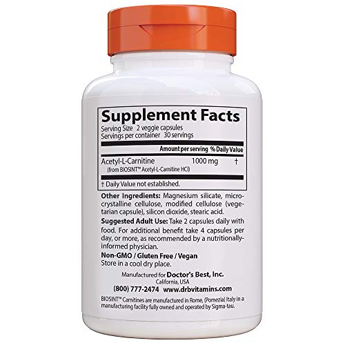 Doctor's Best Acetyl L-Carnitine with Biosint Carnitines, 500mg - 60 vcaps 60 unidades 80 g