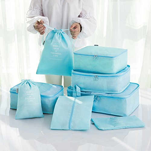 DoGeek Organizador de Equipaje 8 en 1 Set Viaje con Bolsa de Zapato, Impermeable Organizador de Maleta Bolsa para Ropa Sucia de Viaje, Material Nylon (Azul Claro)