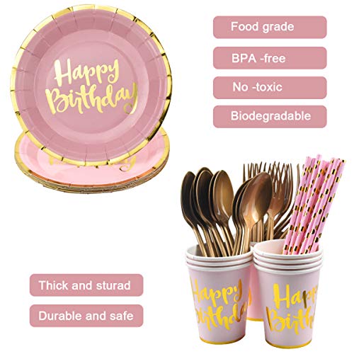 Dokpav Vajilla Desechable con Letras Bronceadas, 80PCS Platos de Papel Vasos Pajitas de Papel Servilletas Cucharas Tenedores Cuchillos, Suministros para Cumpleaños Fiestas para 10 Invitados (Azul)