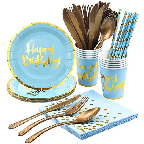 Dokpav Vajilla Desechable con Letras Bronceadas, 80PCS Platos de Papel Vasos Pajitas de Papel Servilletas Cucharas Tenedores Cuchillos, Suministros para Cumpleaños Fiestas para 10 Invitados (Azul)