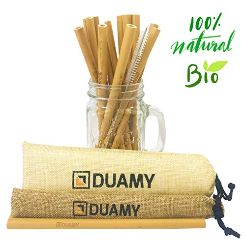 DUAMY Pajitas de bambú Reutilizables. El Pack Tiene 12 pajitas de bambú ecológicas, un Cepillo de Limpieza y Dos Bolsas de Tela de Yute Natural. Pajitas biodegradables de 20 cm Totalmente orgánicas.