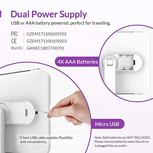 EASEHOLD Espejo Maquillaje con Luz, Triple Espejo Ajustable con Aumentos 10x, 5X, 2X, 1x, 38 LED 180º con Mostrador, Regalos Originales para Mujer, Carga con USB o Batería (Blanco)