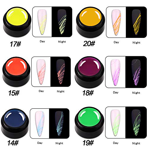 EBANKU 6 Colores Spider Gel Neon Fluorescente Esmalte de Uñas Barniz Luminous Nail Art Soak Off Gel UV para Pintura de Gel de Bricolaje Nail Art Dibujo de Alambre DIY Gel con 3 Pinceles para Uñas