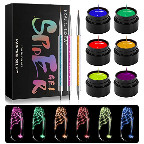 EBANKU 6 Colores Spider Gel Neon Fluorescente Esmalte de Uñas Barniz Luminous Nail Art Soak Off Gel UV para Pintura de Gel de Bricolaje Nail Art Dibujo de Alambre DIY Gel con 3 Pinceles para Uñas
