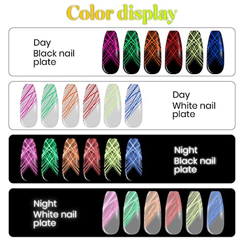 EBANKU 6 Colores Spider Gel Neon Fluorescente Esmalte de Uñas Barniz Luminous Nail Art Soak Off Gel UV para Pintura de Gel de Bricolaje Nail Art Dibujo de Alambre DIY Gel con 3 Pinceles para Uñas