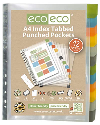 eco-eco A4 95% Reciclada Set 12 Bolsillos Multiperforados Premier con Pestañas Indexadas