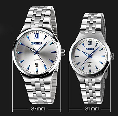 El reloj de pulsera de cuarzo único de las mujeres con marcadores luminosos azules hombres frescos y fecha reloj de los pares (juego de 2)