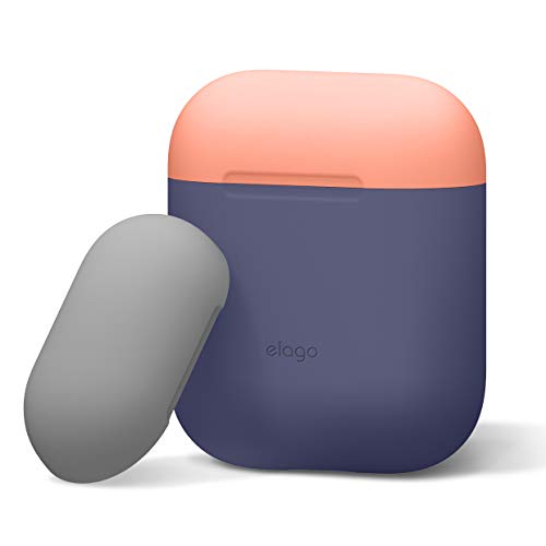 elago AirPods Duo Funda de Silicona Compatible con Apple AirPods 2&1-2 Colores Tapas, Protección Adicional, Sin bisagra, Soporte Carga Inalámbrica (Body-Jean Indigo/Top-Melocotón, Gris Medio)