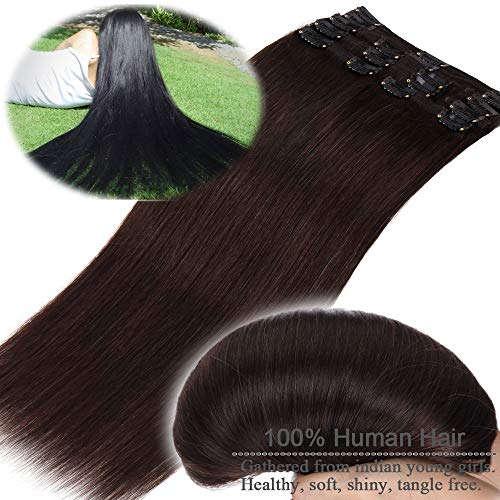 Elailite Double Wefts Extensiones de Clip de Pelo Natural Cabello Humano Remy - 55cm (160g) #02 Marrón Oscuro -Muy Gruesas Mechas Mujer Clips Human Hair