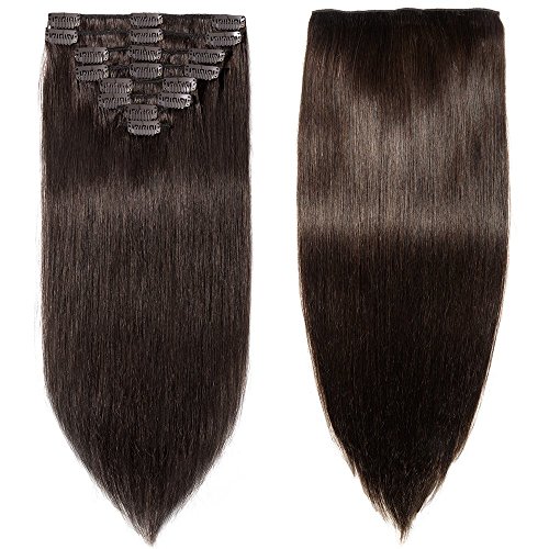 Elailite Extensiones de Cabello Natural Clip de Pelo Humano Postizos Mechas - 20CM #02 Castaño Oscuro [Grueso Simple] - Remy Clip In Human Hair Balayage Liso
