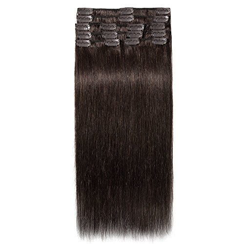 Elailite Extensiones de Cabello Natural Clip de Pelo Humano Postizos Mechas - 20CM #02 Castaño Oscuro [Grueso Simple] - Remy Clip In Human Hair Balayage Liso