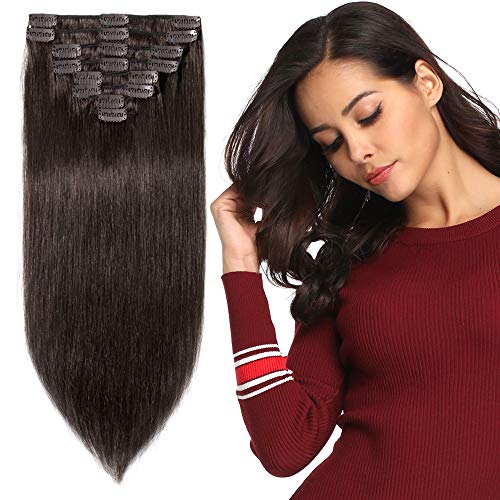 Elailite Extensiones de Cabello Natural Clip de Pelo Humano Postizos Mechas - 20CM #02 Castaño Oscuro [Grueso Simple] - Remy Clip In Human Hair Balayage Liso